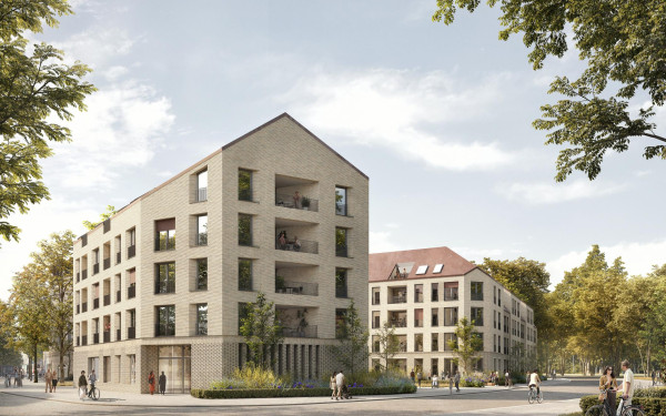 Moderne Wohnanlage mit zwei Gebäuden, umgeben von Bäumen und belebten Wegen.