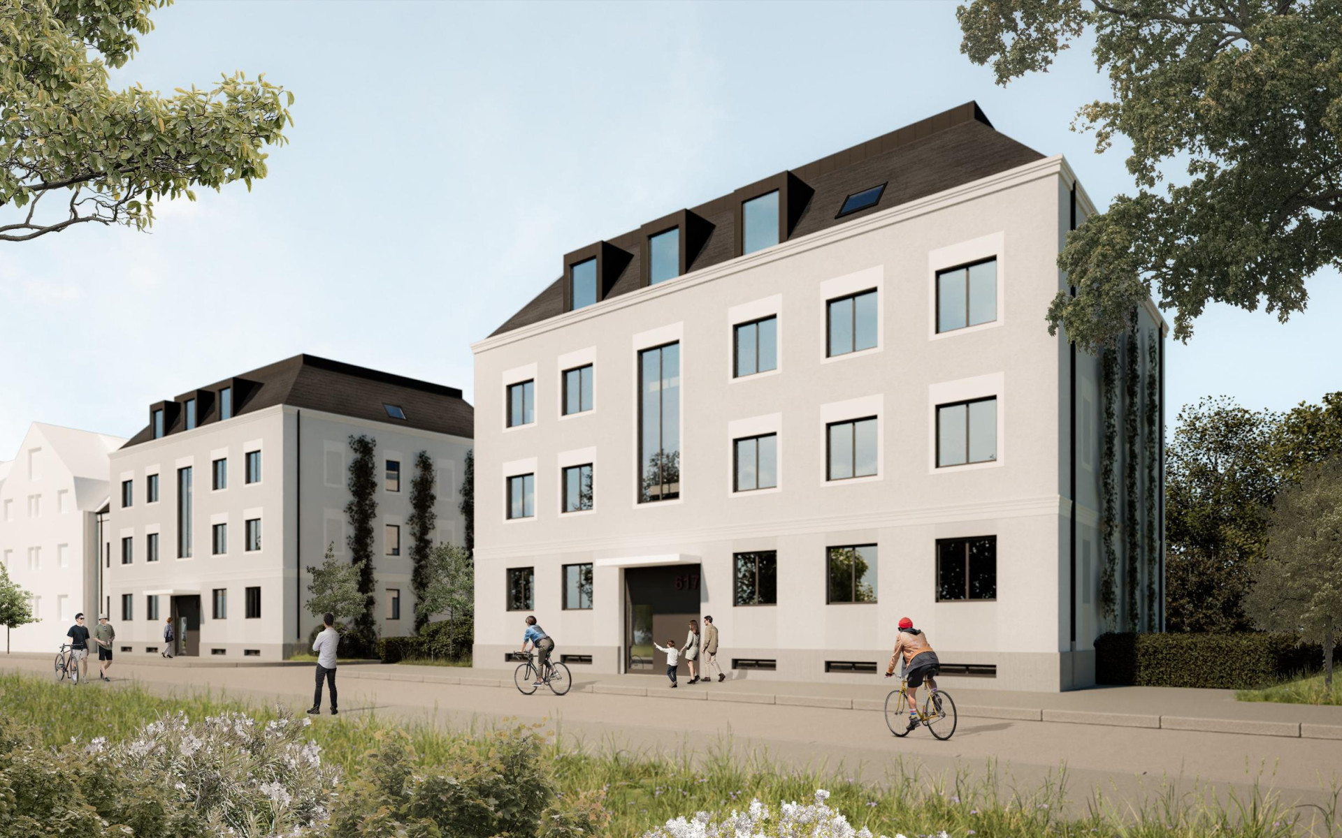 Moderne Wohngebäude mit Radfahrern und Fußgängern in einer urbanen Umgebung.