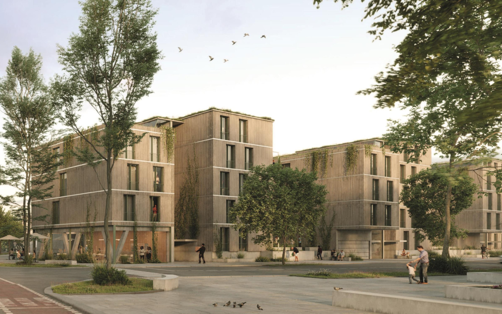 Moderne Holzbauten in einer urbanen Landschaft, umgeben von Bäumen und Fußgängern.