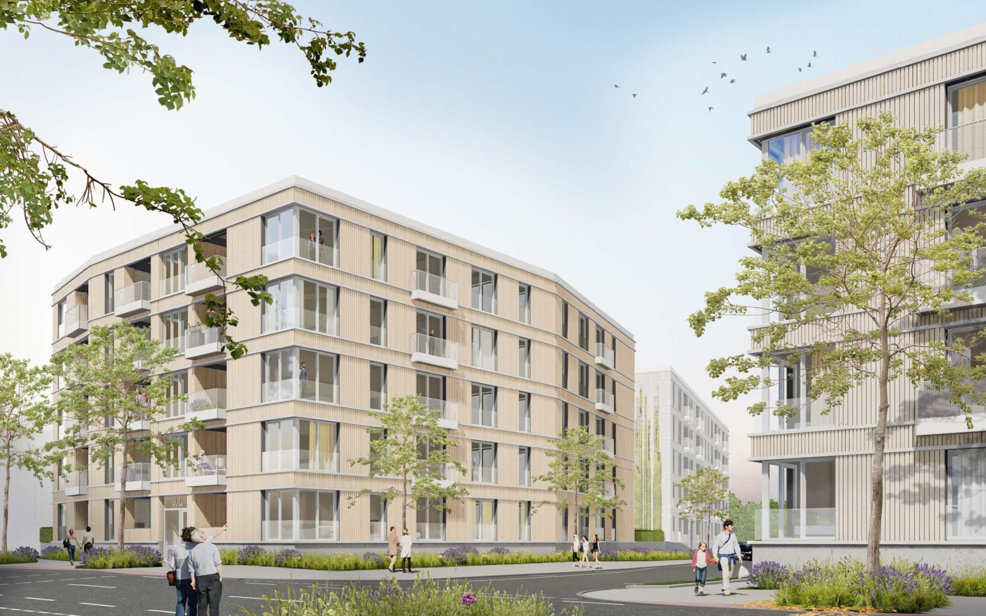 Moderne Wohngebäude mit großzügigen Fenstern, umgeben von grünen Bäumen und Fußgängern.