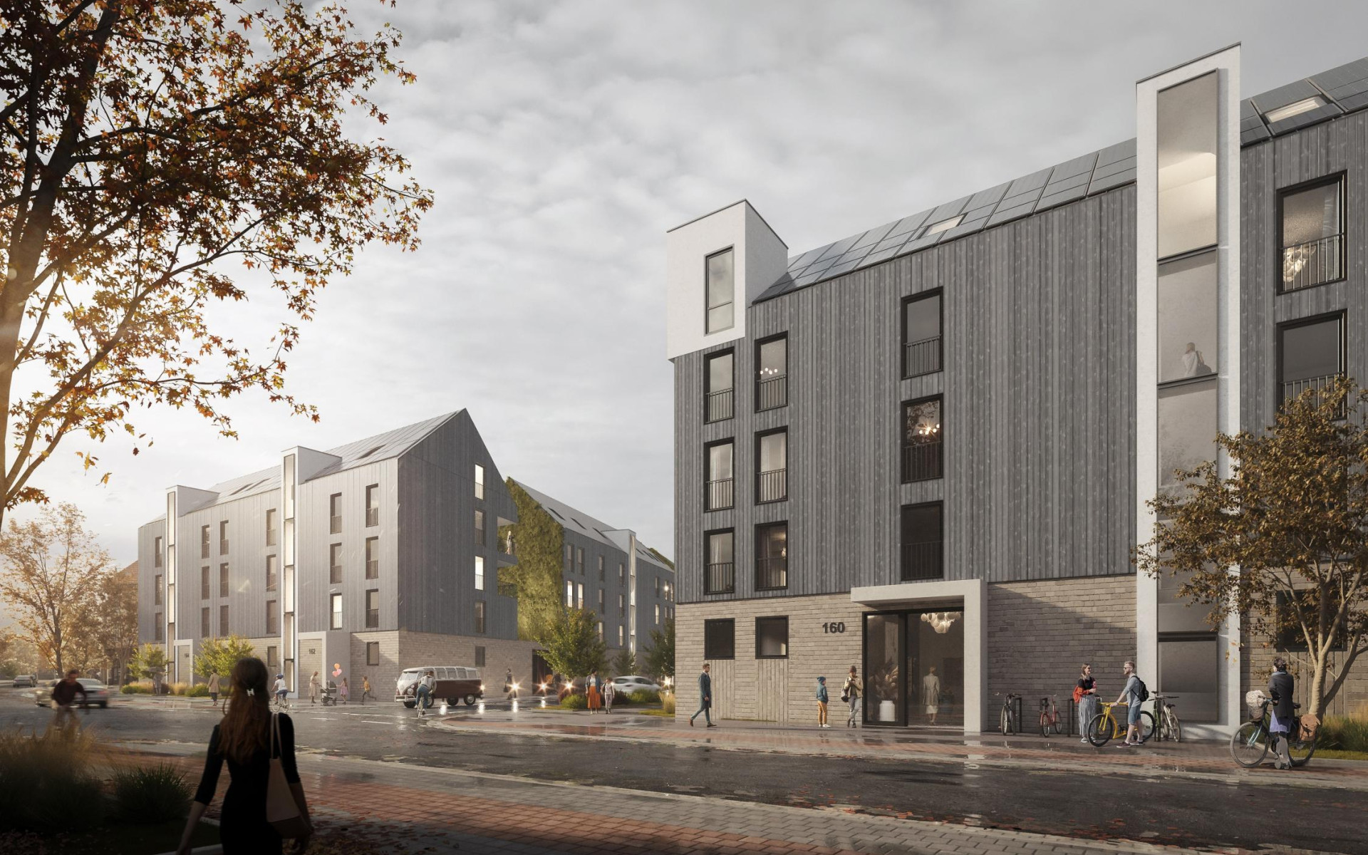 Moderne Wohngebäude mit Holzfassade, umgeben von Menschen, Radfahrern und Bäumen.