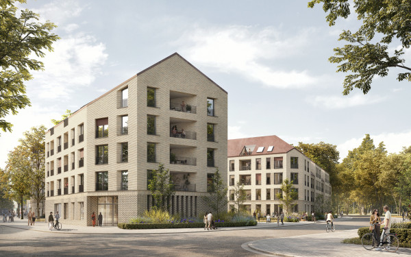 Moderne Wohnanlage mit zwei Gebäuden, umgeben von Bäumen und belebten Wegen.