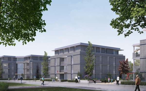 Moderne Wohnanlage in urbaner Landschaft, umgeben von Bäumen, mit Fußgängern und Spielfläche.